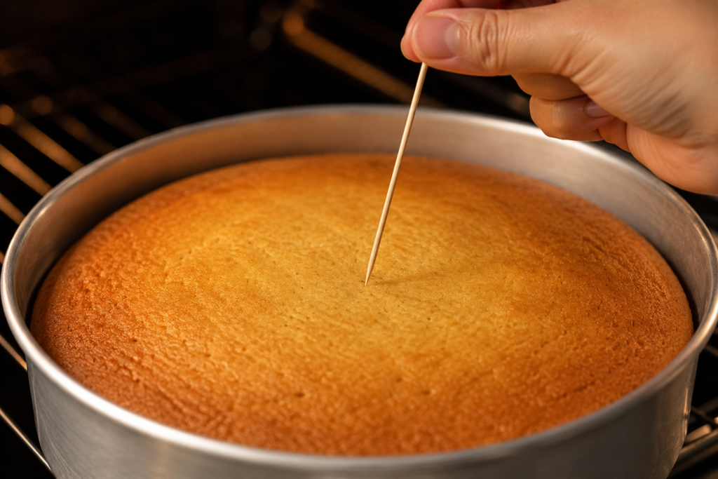 A clean skewer pulled from the centre of a cake to check it is fully baked