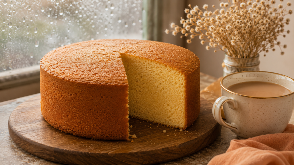 A tall evenly baked vanilla cake with a clean slice and a cup of chai on a rainy day
