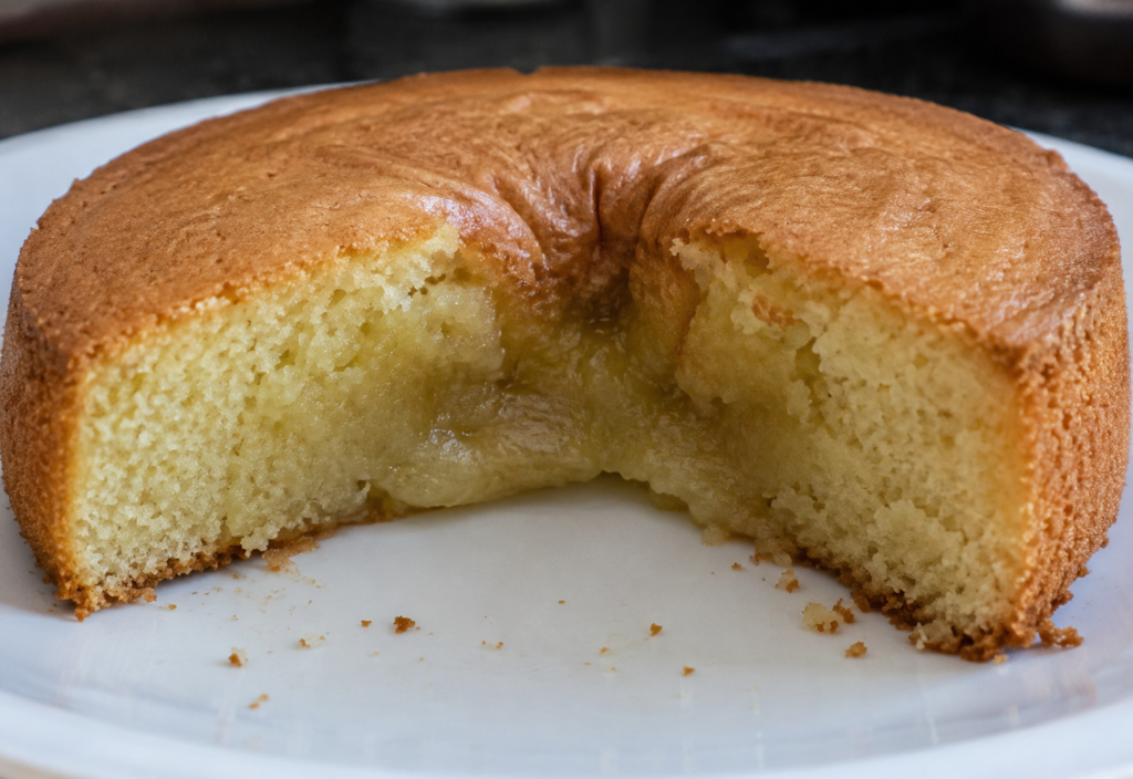 Cross-section of a cake with a sunken under-set middle caused by humidity