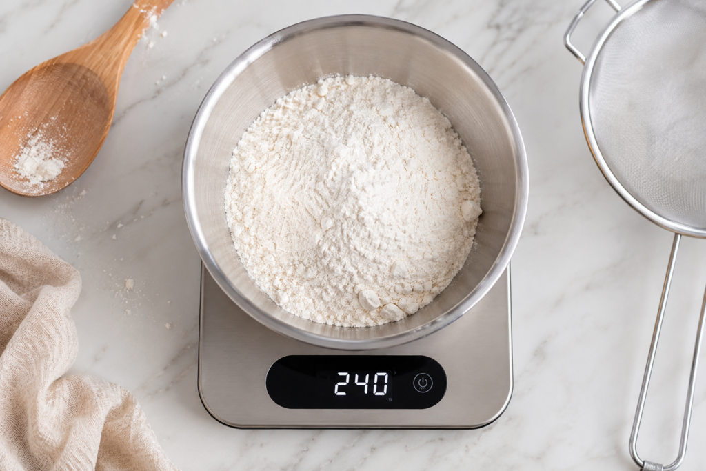 Flour being weighed in grams on a digital kitchen scale for accurate humid-weather baking