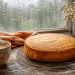Whole vanilla cake on a wooden table by a rainy window with a cup of chai during monsoon