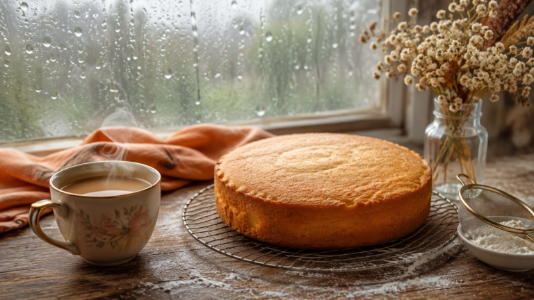 Why Your Cake Sinks in Humid Weather (And How to Fix It) Whole vanilla cake on a wooden table by a rainy window with a cup of chai during monsoon