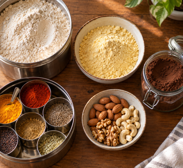 How to Store Pantry Staples: 5 Common Mistakes & Easy Fixes How to store pantry staples: whole wheat flour, chickpea flour, nuts, spices and cocoa powder on a kitchen counter