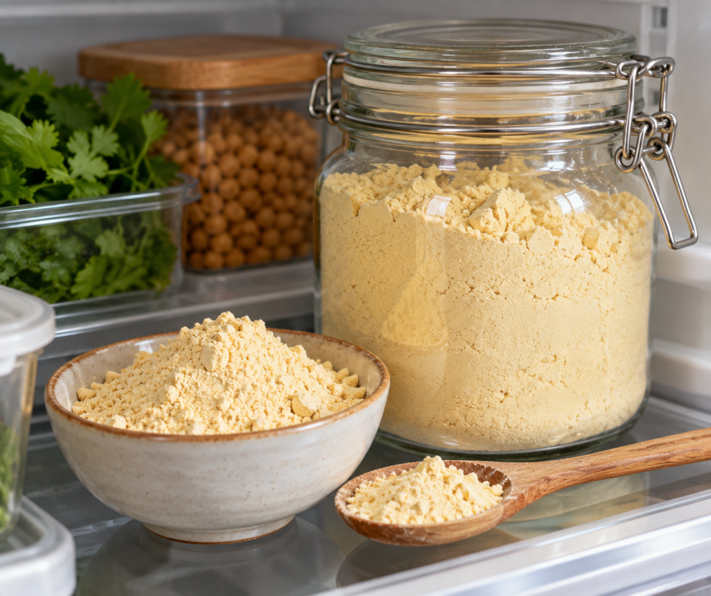 Chickpea flour stored in an airtight glass jar on a refrigerator shelf