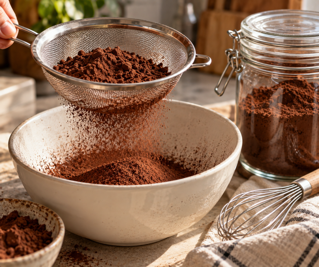Cocoa powder being sifted into a bowl beside an airtight jar of cocoa
