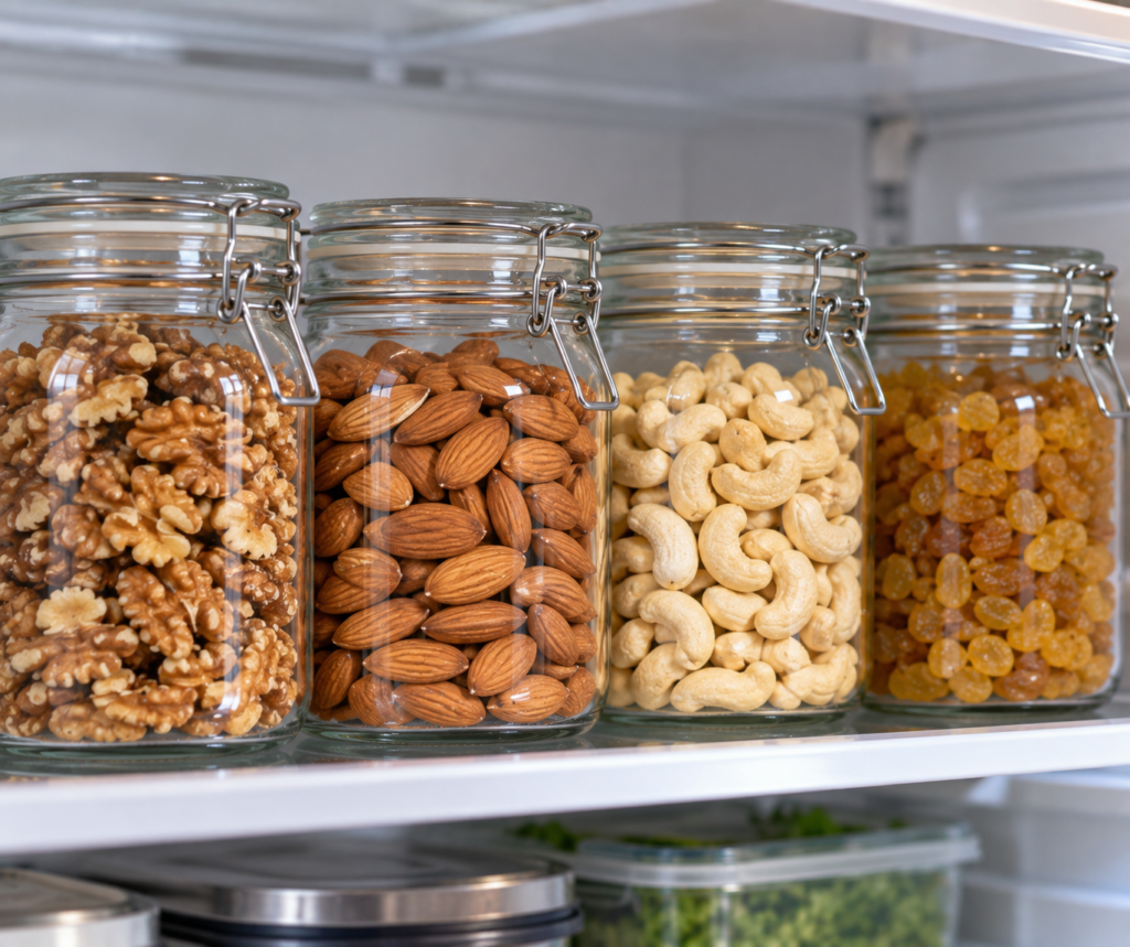 Walnuts, almonds, cashews and raisins stored in separate airtight glass jars