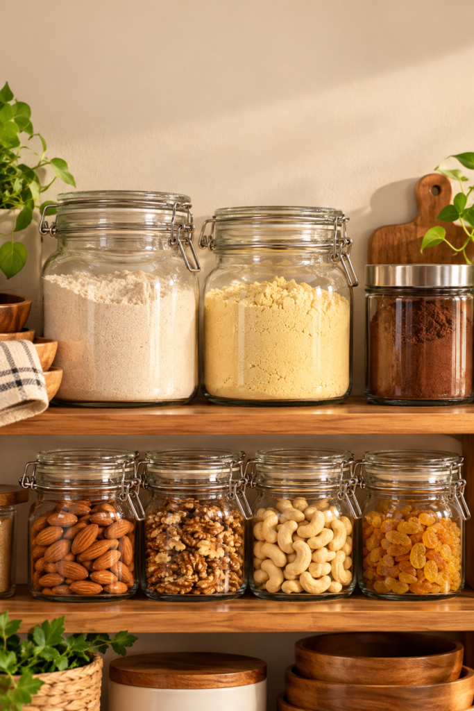 Organised pantry shelf showing how to store pantry staples in labelled
airtight jars