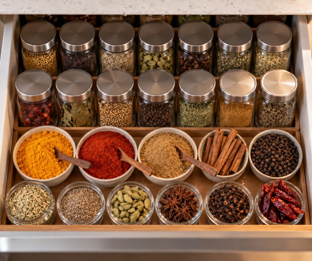 Spices kept beside a hot stove compared with spices stored in a cool, dark
drawer