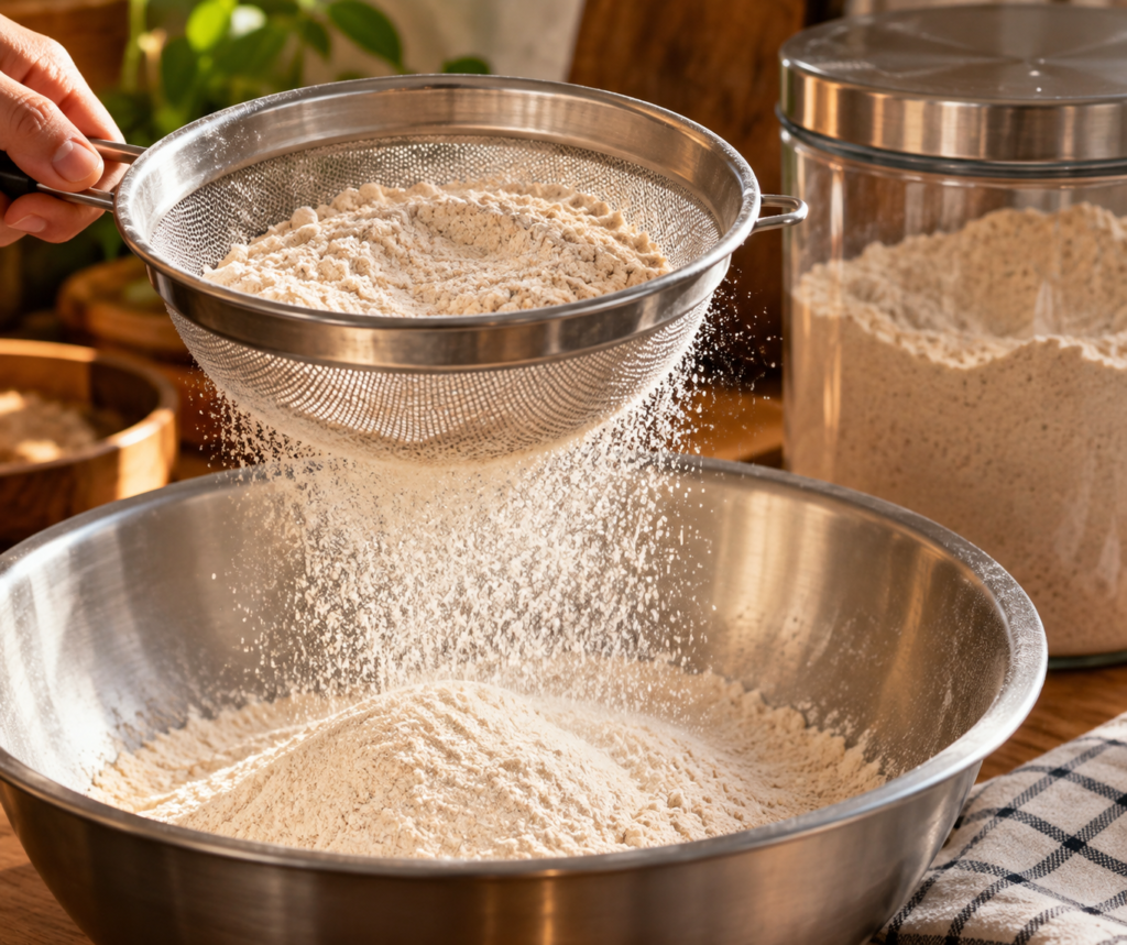 Whole wheat flour being sifted into a bowl next to an airtight storage
container