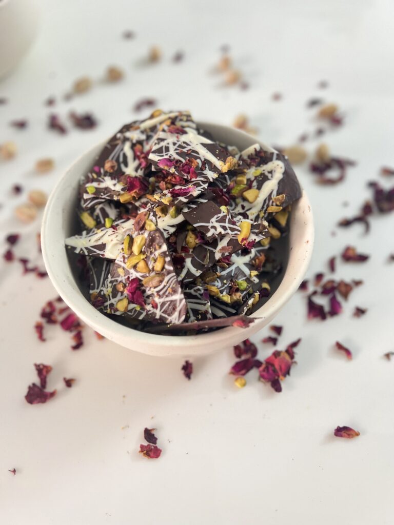 White and Dark Chocolate Rose Pistachio Bark (Easy Diwali Gift)