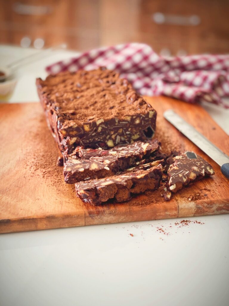 Easy eggless no-bake chocolate biscuit cake, sliced