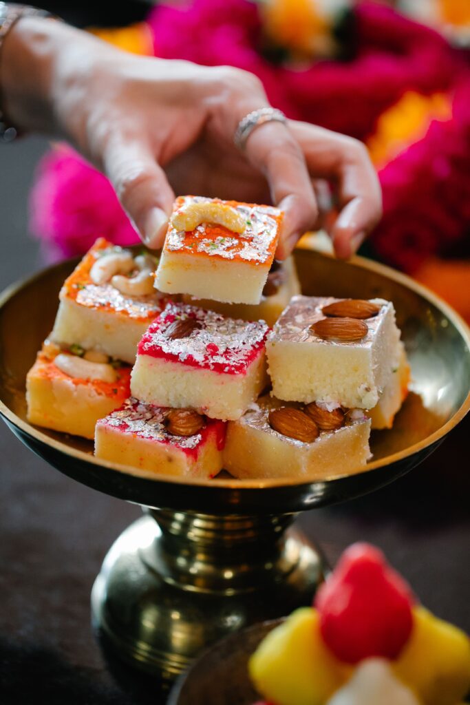 Homemade barfi on a brass platter, a milk-based Diwali sweet